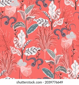 Snake in tall grass seamless repeat vector pattern. Surface design for fabric, wallpaper, wrapping paper, scrapbooking, invitation cards. Red, white, grey colors.