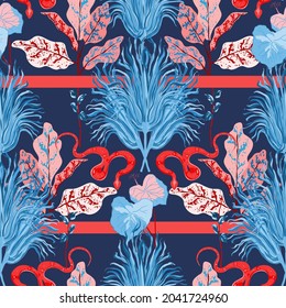 Snake in tall grass seamless repeat vector pattern. Symmetrical ornament with lines. Surface design for fabric, wallpaper, wrapping paper, scrapbooking, invitation cards. Blue and red colors.