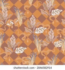 Snake in tall grass seamless repeat vector pattern. Surface design for fabric, wallpaper, wrapping paper, scrapbooking, invitation cards. Orange, ochre, brown, neutral beige colors.