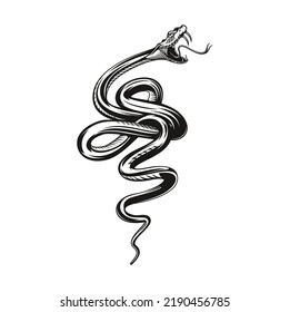 Snake tattoo, angry black viper or serpent, vector rock or biker club mascot. Angry snake bite with fangs, viper or anaconda serpent in angry attack for tattoo svg