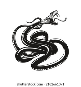 Snake tattoo, angry viper, vector aggressive serpent or python. Angry snake with fangs and tongue attack for bite, black viper serpent for bikers or rockers club tattoo, mascot svg