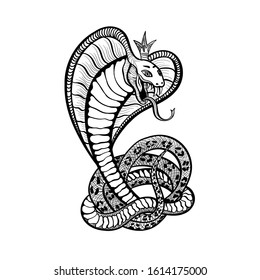 Snake tattoo art design, vector cobra viper in royal crown with tongue and fangs. Hand drawn Japanese viper snake or rattlesnake in rings, t-shirt print template and biker club sign