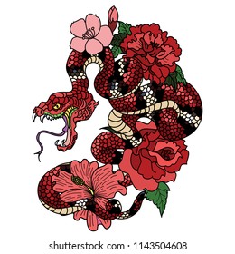 snake tattoo and illustration design with Sakura branch.red snake with apple fruit and Cherry flower spring season vector illustration background.Poster design Red snake Reptile and hibiscus flower