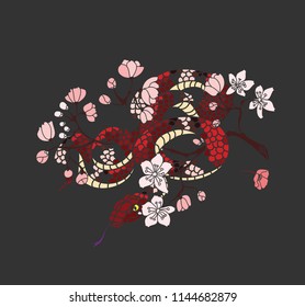 snake tattoo and illustration design with Sakura branch.red snake with apple fruit and Cherry flower spring season vector illustration background.Poster design Red snake Reptile and hibiscus flower