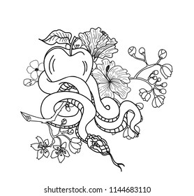 snake tattoo and illustration design with Sakura branch.red snake with apple fruit and Cherry flower spring season vector illustration background.Poster design Red snake Reptile and hibiscus flower