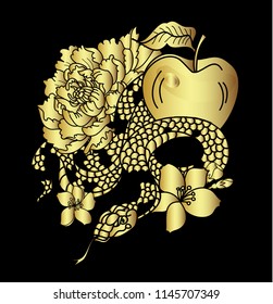 snake tattoo and illustration design with Sakura branch.red snake with apple fruit and Cherry flower spring season vector illustration background.Poster design Red snake Reptile and hibiscus flower