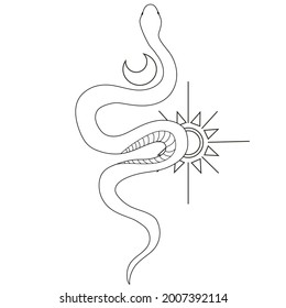 Tatuaje de la línea de tatuajes de serpiente. Tatuaje de diseño de vectores. Tatuaje de serpiente, luna y sol