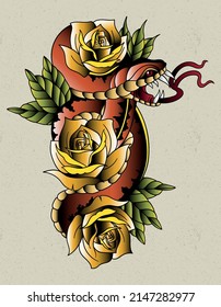 snake tattoo with roses yellow neo traditional