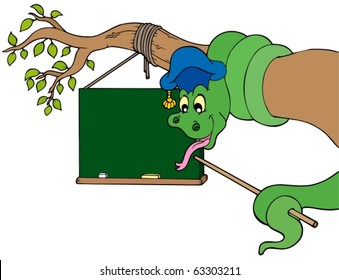 Snake teacher with table on tree - vector illustration.