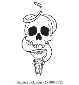 A snake that winds around a skull, opens its mouth wide and shows the fangs. monochrome vector drawing. tattoo template.
