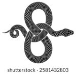 Snake tied up in form of infinity sign. Vector isolated illustration of black serpent silhouette. Tattoo design of endless symbol.