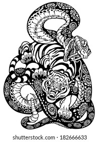 snake and tiger fighting, black and white tattoo illustration 