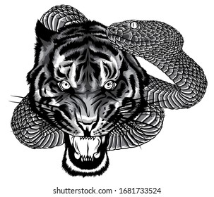 snake and tiger fighting, tattoo illustration design