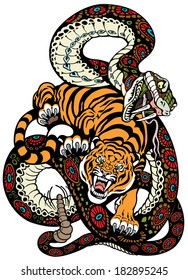 Snake And Tiger Fighting, Tattoo Illustration 