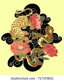 snake and tiger tattoo with peony flower.traditional Japanese tiger with snake tattoo and cloud background.Traditional Japanese culture for printing on background.Snake with Sunrise for coloring book 