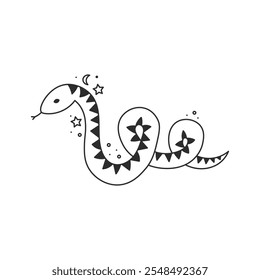 Snake with tongue outline style. Hand drawn occult esoteric mystical animal with wavy shape and star sparkles. Doodle vector illustration