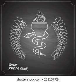 snake and torch chalk painted on the chalkboard medicine symbol vector illustration