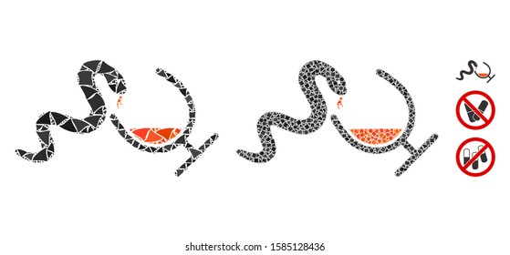 Snake toxin icon composition of rough items in variable sizes and color tones, based on snake toxin icon. Vector abrupt parts are organized into collage. Snake toxin icons collage with dotted pattern.