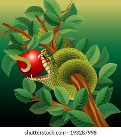 snake in tree biting red apple