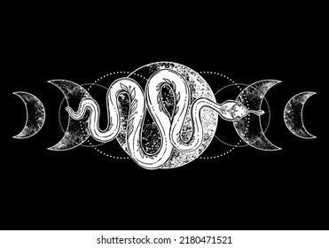 Snake and triple moon phases. Sacred geometry, celestial pagan Wiccan goddess symbol. Magic wicca witch sign, energy circle, boho style, vector isolated on white background