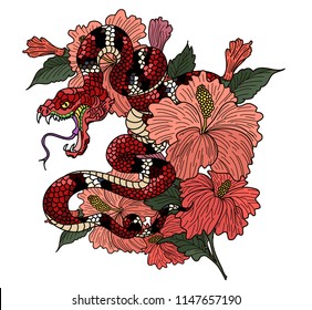 snake vector with flower Japanese tattoo design.Snake vector illustration .red snake vector and Cherry flower spring season vector illustration background.