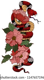 snake vector with flower Japanese tattoo design.Snake vector illustration .red snake vector and Cherry flower spring season vector illustration background.