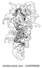 snake vector with flower Japanese tattoo design.Snake vector illustration .red snake vector and Cherry flower spring season vector illustration background.