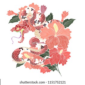 snake vector with flower Japanese tattoo design.Snake vector illustration .red snake vector and Cherry flower spring season vector illustration background.