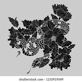 snake vector with flower Japanese tattoo design.Snake vector illustration .red snake vector and Cherry flower spring season vector illustration background.