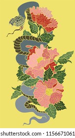 snake vector with flower Japanese tattoo design.Snake vector illustration .red snake vector and Cherry flower spring season vector illustration background.
