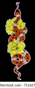 snake vector with flower Japanese tattoo design.Snake vector illustration on black background.Traditional Japanese culture for printing on background.Snake with Sunrise for coloring book on background