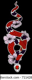 snake vector with flower Japanese tattoo design.Snake vector illustration on black background.Traditional Japanese culture for printing on background.Snake with Sunrise for coloring book on background