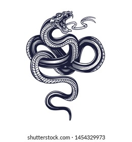 Snake. Vector hand drawn illustration of snake in engraving technique isolated on white background. Occult poster, t-shirt print, cover.