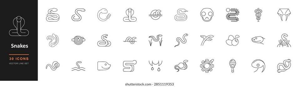 Snake vector icons set featuring outline linear style animals reptiles cobras vipers and medical symbols with monochrome minimalist design elements for digital graphics projects and wildlife branding collections