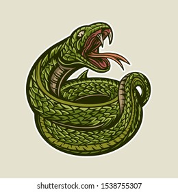 Snake vector illustration open mouth green color 