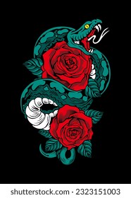 Snake vector illustration with rose flower. Vector eps 10