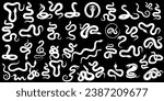  Snake vector illustration, white on black. Diverse styles: abstract, doodle, sketch, line art, silhouette, tribal. Ideal for tattoo, ethnic designs, apparel, home decor, stationery, web design.