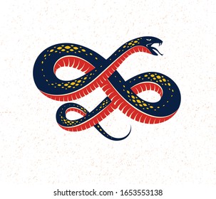 Snake vector logo emblem or tattoo, deadly poison dangerous serpent, venom aggressive predator reptile animal vintage style illustration.