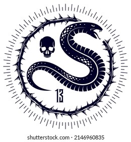 Snake vector logo emblem or tattoo, deadly poison dangerous serpent, venom aggressive predator reptile animal vintage style illustration.