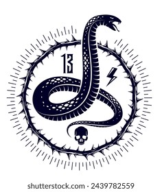 Snake vector logo emblem or tattoo, deadly poison dangerous serpent, venom aggressive predator reptile animal vintage style illustration.