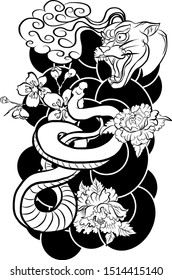 Snake vector with Tiger and Flower illustration for tattoo or printing on background.