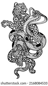 snake versus leopard. Fight of cobra and spotted panther. Black and white tattoo style vector illustration