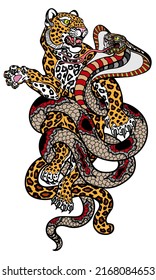 Snake Versus Leopard. Fight Of Cobra And Spotted Panther. Tattoo Style Vector Illustration