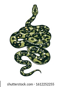 Snake in Vintage style. Serpent cobra or python or poisonous viper. Engraved hand drawn old reptile sketch for Tattoo. Anaconda for sticker or logo or t-shirts.