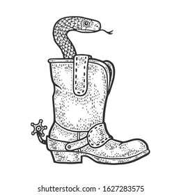 Snake viper in a cowboy boot sketch engraving vector illustration. T-shirt apparel print design. Scratch board imitation. Black and white hand drawn image.