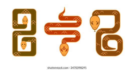 Schlangenotter Maskottchen Set. Boa, Kobra, Schlangentiere in geschwungenen verdrehten Formen im modernen geometrischen Stil. Chinesische Symbole für das Neue Jahr 2025. Flache grafische Vektorillustration auf weißem Hintergrund