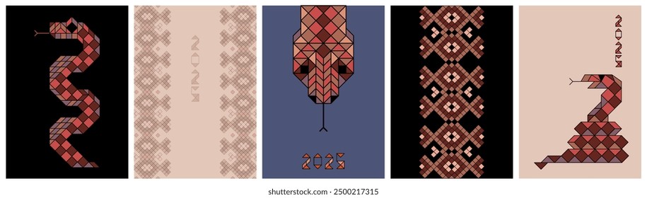 Snake and viper skin pattern. Chinese New year 2025 Zodiac sign, year of the Snake. Set of cards with geometric simple design. Sketch vector illustration