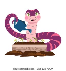 Snake is watering the seedlings. Spring vibe, wooden box with plants and earth. Home garden maintenance. Suitable for greeting card, calendar, packaging. Vector flat illustration.