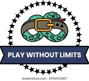 A snake is wearing a belt and the words play without limits are written below it. The image has a playful and fun mood