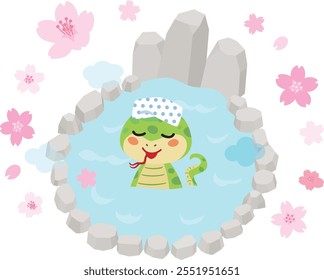 A snake which takes outdoor bath in the spring, and cherry blossoms. Vector illustration.